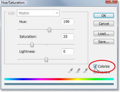 Marcando la opción 'Colorear' en la esquina inferior derecha del cuadro de diálogo Tono/Saturación.