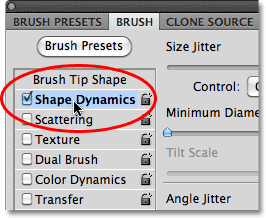 Selección de Dinámica de formas en el panel Pinceles de Photoshop.