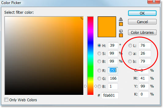 Las opciones de color del laboratorio en el Selector de color de Photoshop.