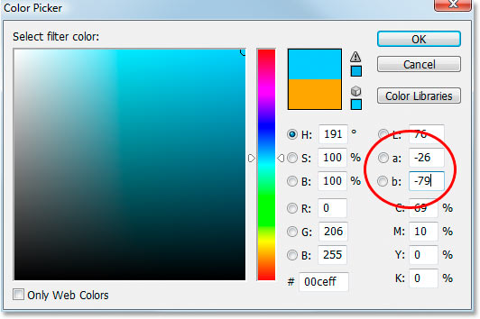 Invertir el color naranja usando las opciones de color Lab en el Selector de color.