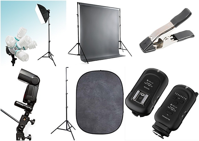 una gama de equipos de fotografía para un estudio portátil
