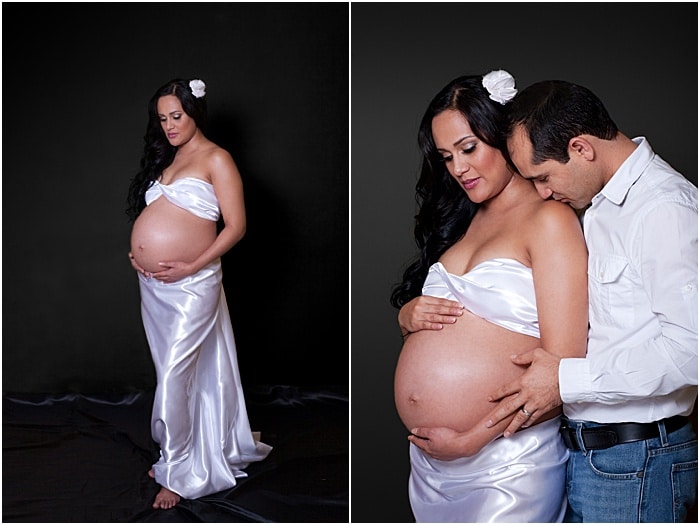 Un dulce retrato de maternidad de una mujer embarazada y una pareja amorosa tomada en un estudio fotográfico portátil