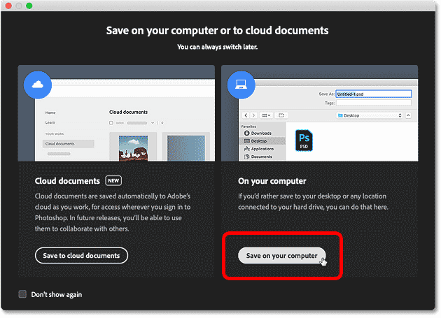 El cuadro de diálogo Guardar en su computadora o en documentos en la nube en Photoshop