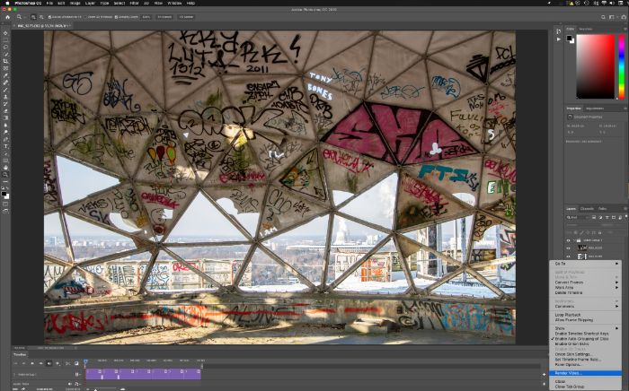 Captura de pantalla de la creación de una línea de tiempo de video en Photosop