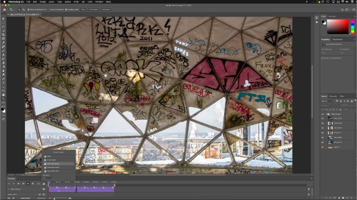 Captura de pantalla de la creación de una línea de tiempo de video en Photosop