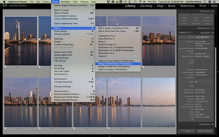 Captura de pantalla que muestra el procedimiento para fusionar panoramas en Photoshop desde Lightroom.