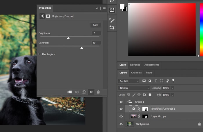 Captura de pantalla del ajuste de brillo y contraste en Photoshop