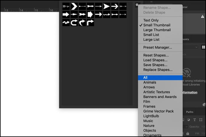 Una captura de pantalla que muestra cómo seleccionar la herramienta Forma personalizada en Photoshop