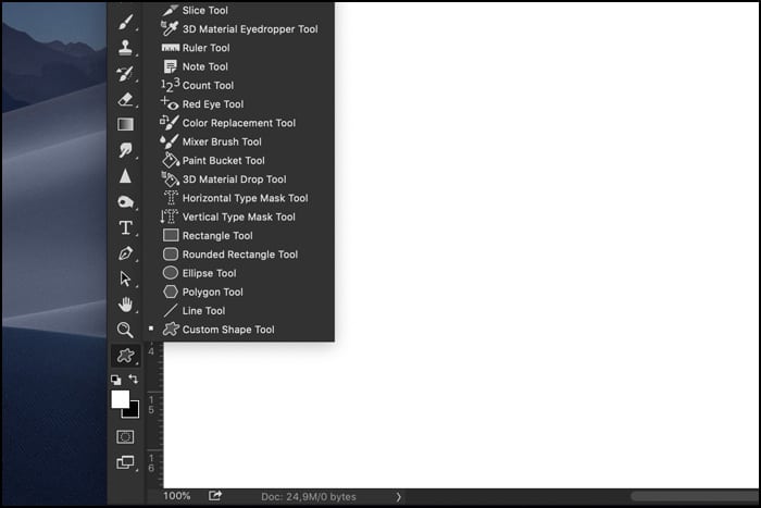 Una captura de pantalla que muestra cómo seleccionar la herramienta Forma personalizada en Photoshop