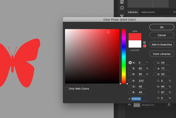 Una captura de pantalla que muestra cómo cambiar el color de las formas personalizadas de Photoshop