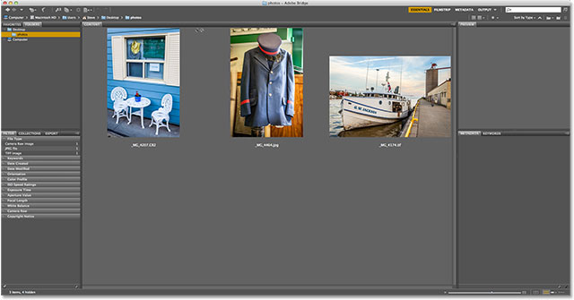 Tres imágenes visibles en Adobe Bridge CS6.  Imagen © 2013 , Photoshop Essentials.com