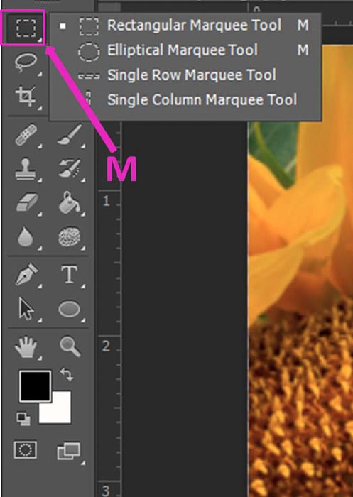 Captura de pantalla para abrir el acceso directo de la herramienta Marquesina en Photoshop