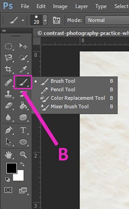 Captura de pantalla del uso de los atajos de teclado de Photoshop de la herramienta Pincel