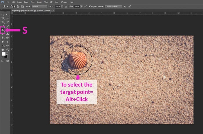 Screenshot of using the clone stamp tool shortcut on Photoshop 