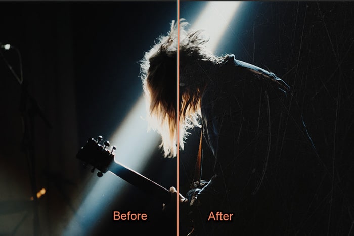 Una toma de fotografía de concierto dividida por la mitad, antes y después de agregar un fondo texturizado en Photoshop