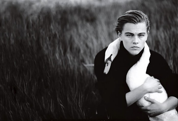 Fotografía en blanco y negro de Leonardo DiCaprio con un cisne al cuello.