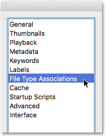 Elección de asociaciones de tipo de archivo en las preferencias de Adobe Bridge.
