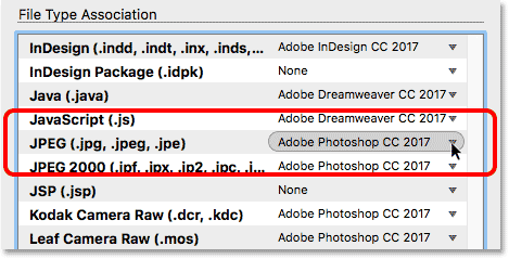 La configuración de JPEG en las asociaciones de tipo de archivo en Adobe Bridge.