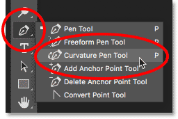 Seleccionar la herramienta Pluma de curvatura de la barra de herramientas en Photoshop CC 2018