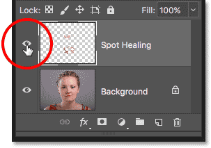 Hacer clic en el icono de visibilidad de la capa de corrección puntual en el panel Capas en Photoshop