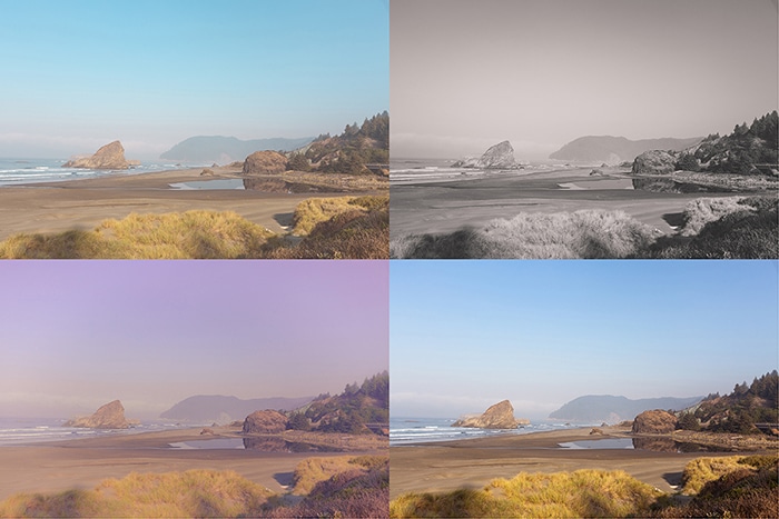 una cuadrícula de cuatro fotos que muestra una imagen de paisaje editada en cuatro estilos diferentes