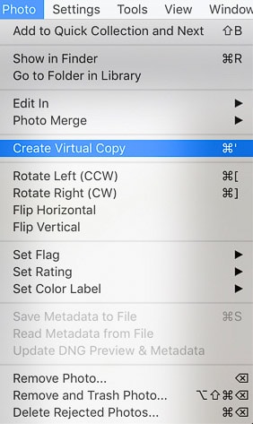 captura de pantalla de la creación de una copia virtual en la edición de fotografías de productos de Lightroom