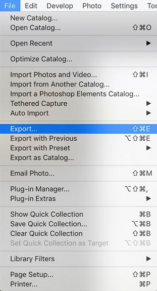 Captura de pantalla de la exportación de fotos en Lightroom Sugerencias de edición de fotografías de productos