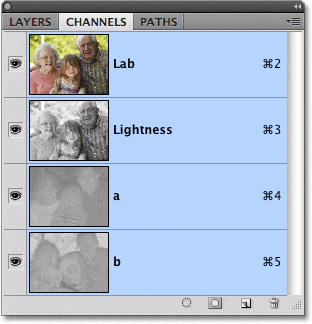 La paleta Canales en Photoshop que muestra los canales L, ayb.  Imagen © 2009 Photoshop Essentials.com