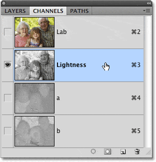 Seleccionando el canal Luminosidad en la paleta Canales en Photoshop.  Imagen © 2009 Photoshop Essentials.com