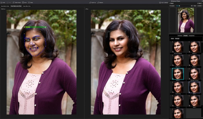 Una captura de pantalla de la edición de un retrato en PortraitPro 17 - Ajustes preestablecidos de maquillaje.  La foto anterior muestra puntos de detección automática de rostros.