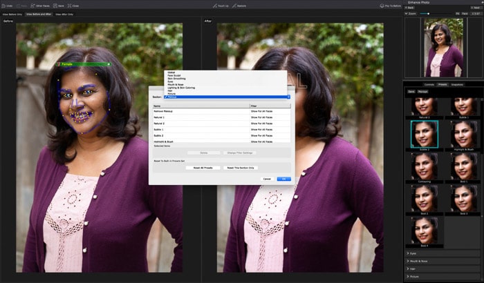 Una captura de pantalla de la edición de un retrato en PortraitPro 17: aunque puede eliminar ajustes preestablecidos y asignarlos a cierto tipo de caras, no muestra una opción para crear las suyas propias.