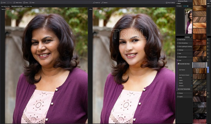 Una captura de pantalla de la edición de un retrato en PortraitPro 17 - Panel de ajuste de cabello.  ¡Muchas opciones de color de cabello!