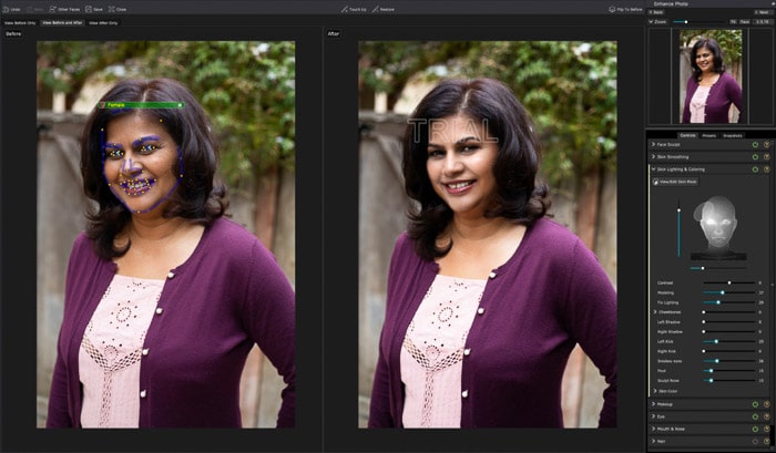 Una captura de pantalla de la edición de un retrato en PortraitPro 17 - Sección de coloración y coloración de la piel