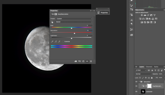 ajuste de saturación en photoshop cc de una foto de la luna