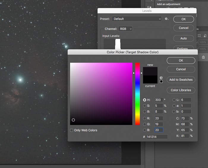 selector de color de captura de pantalla de astrofotografía de procesamiento posterior