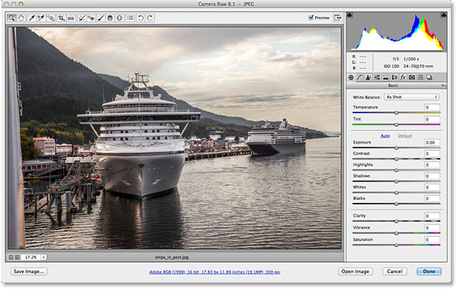 Una imagen JPEG abierta en Adobe Camera Raw 8.