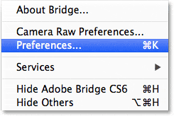 Abrir las preferencias de Adobe Bridge.  Imagen © 2013 , Photoshop Essentials.com