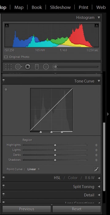 una captura de pantalla que muestra cómo posprocesar la fotografía macro utilizando la curva de tono en lightroom