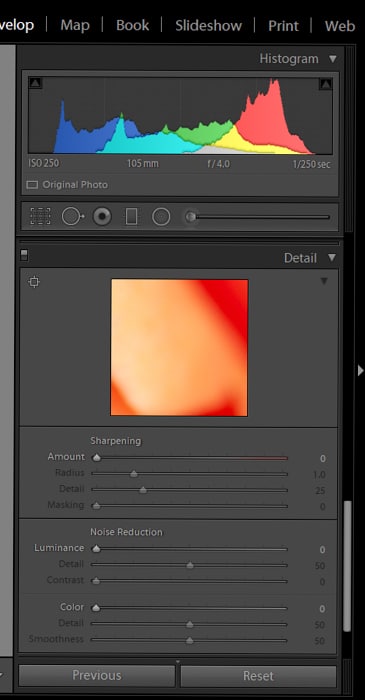 Una captura de pantalla de la edición con el módulo de desarrollo en Lightroom