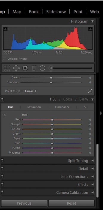 una captura de pantalla que muestra cómo postprocesar la fotografía macro usando controles deslizantes hsl en lightroom