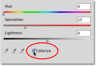 Seleccionando la opción Colorear para la capa de ajuste de Tono / Saturación en Photoshop.  Imagen © 2010 Photoshop Essentials.com