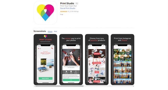 Una captura de pantalla de la aplicación Print Studio para imprimir fotos de iPhone