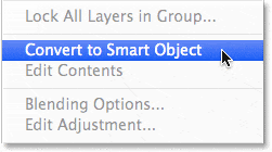 Elegir 'Convertir en objeto inteligente' en el menú del panel Capas. 