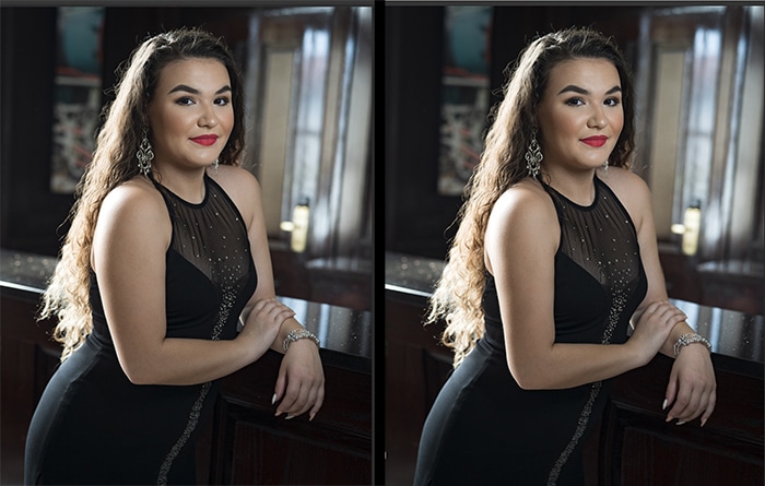Díptico retrato de una modelo femenina antes y después de editar con la herramienta Photoshop Licuar