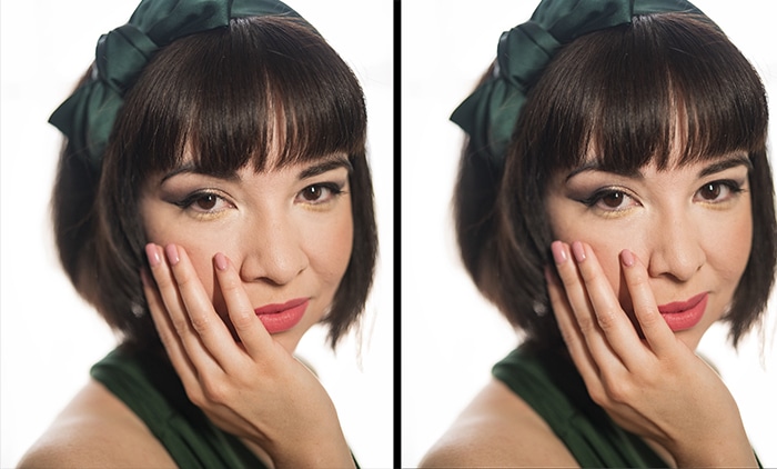Dos retratos del mismo modelo antes y después de editar en Photoshop