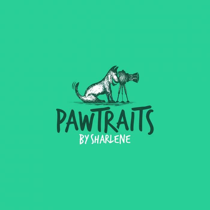 Logotipo de fotografía de Pawtraits de un perro sentado detrás de la cámara