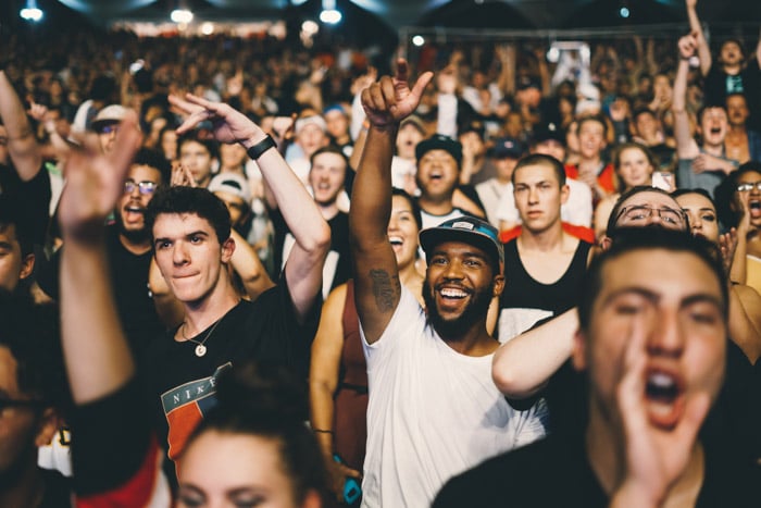 Una foto de una multitud vitoreando en un concierto.