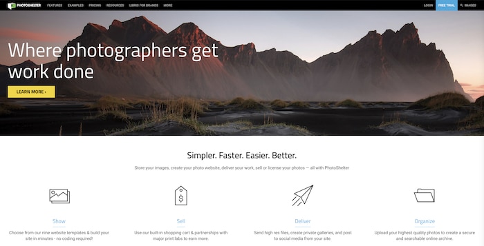 una captura de pantalla del sitio web de Photoshelter: herramientas comerciales de fotografía