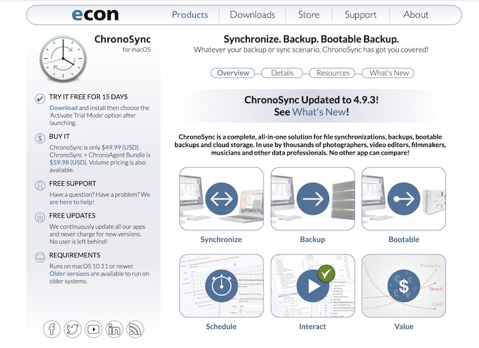 una captura de pantalla del sitio web de Chronosync: herramientas comerciales de fotografía