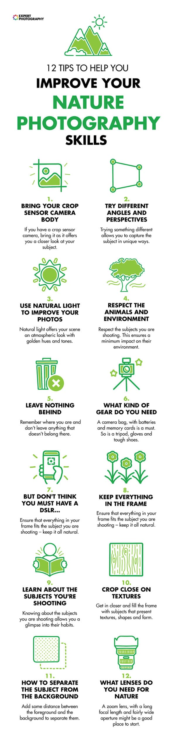 Un truco con 12 conceptos de fotografía de la naturaleza para ayudar al alumno a mejorar sus habilidades